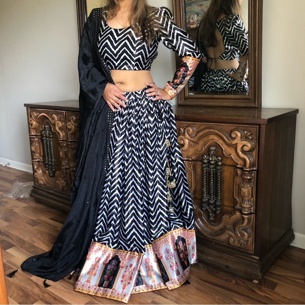 Black and white lehenga with mirror work duppata